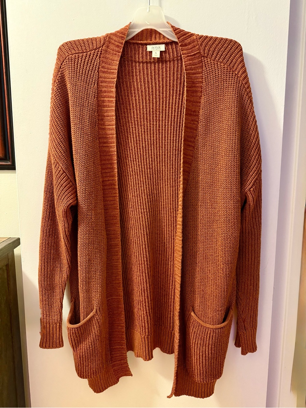 ANA Petite Large Rust Chunky Knit Open Front Cardigan Cotton Pockets